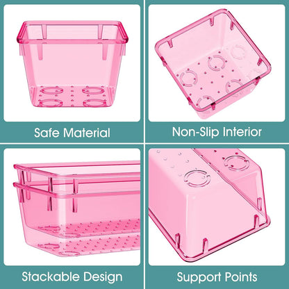 WOWBOX 25 PCS Plastic Drawer Organizer Set, 4 Sizes Desk Drawer Divider Organizers and Storage Bins for Makeup, Jewelry, Gadgets for Kitchen, Bedroom, Bathroom, Office, Clear Pink