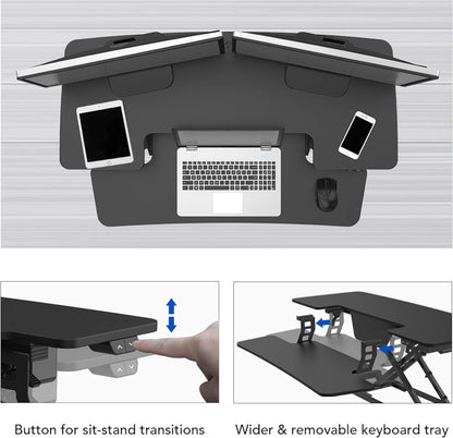 FLEXISPOT Electric Standing Desk Converter 42" Height Adjustable Desk 55 LBS Weight Capacity Motorized Stand up Desk Riser with Quick Release Keyboard Tray for Office Home