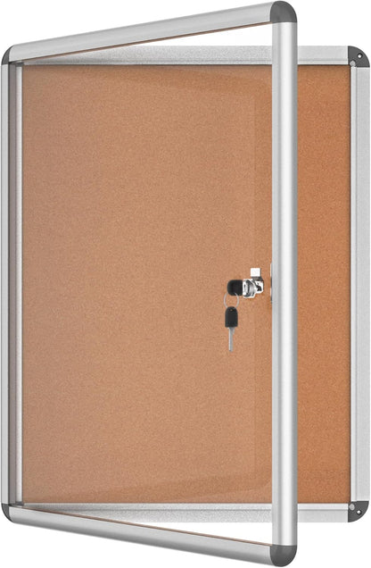 26"x20" Enclosed Bulletin Board, Lockable Weather-Resistant Aluminum Cork Noticeboard for School & Office, Silver Frame w/Cork