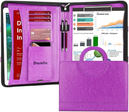Darolin Zippered Leather Padfolio Portfolio with Hidden Handle and Clipboard, Business Conference Organizer Notepad Folder, Portfolio Bag, Padfolio for Women/Men (Purple)
