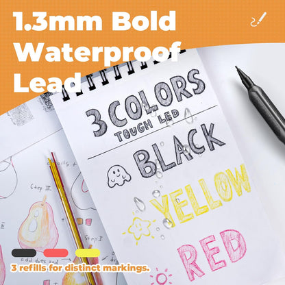 Nicpro 3 Pack Weatherproof Mechanical Pencil Set, 1.3mm Metal Mechanical Pencils, Heavy Duty Pencil for Outdoor All Weather Marking Drafting Drawing with 75 Lead Refills, Erasers, Case (Black, HD1000)