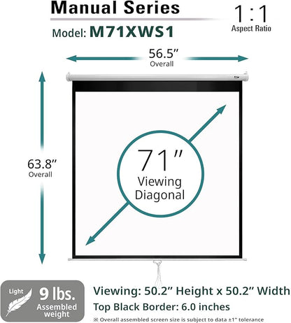 Elite Screens Manual Series, 71-INCH 1:1, Pull Down Manual Projector Screen with AUTO LOCK, Movie Home Theater 8K / 4K Ultra HD 3D Ready, 2-YEAR WARRANTY, M71XWS1
