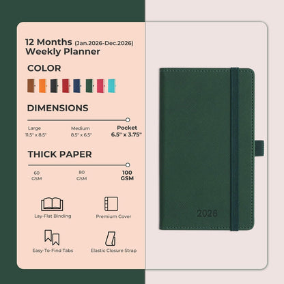 Weekly Monthly 2026 Planner (Jan.26-Dec.26),6.5"x3.75",12 Months Agenda Plan with Month Tabs & Pocket,Expenses/Note Pages, Appointment Book Calendar with Hardcover Vegan Leather Cover,Green