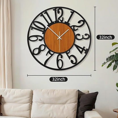 Maxstar Large Round Wall Clock for Living Room Decor Battery Operated Non Ticking Black Metal Wood Clocks for Home Living Room Garden Office Kitchen Decoration -32 inch