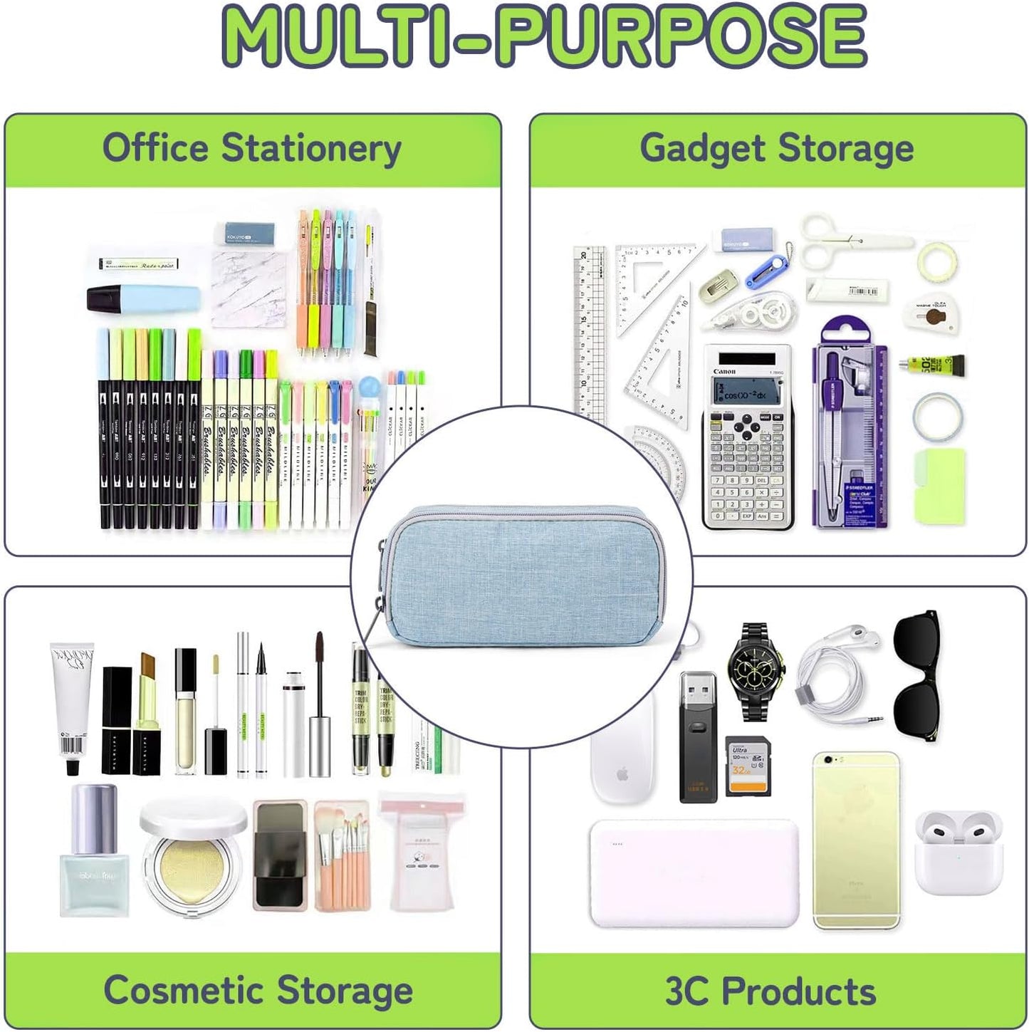 Della Gao Pencil Case Large Capacity Pencil Pouch for Adults (Light Blue)