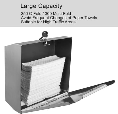 Commercial Paper Towel Dispenser Wall Mount Bathroom, 250 C Fold / 300 Multifold Stainless Steel Paper Towel Holder Hand Towel Dispenser Toilet Paper Dispenser Home (Brushed)