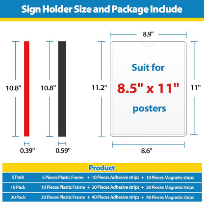 20 Pack Wall Sign Holder 8.5x11 Magnetic Plastic Sign Holder with Magnetic and Adhesive Tapes, Adhesive Clear Display Sign Frame for Fridge, Metal, Wall, Door, Document Protectors Holders