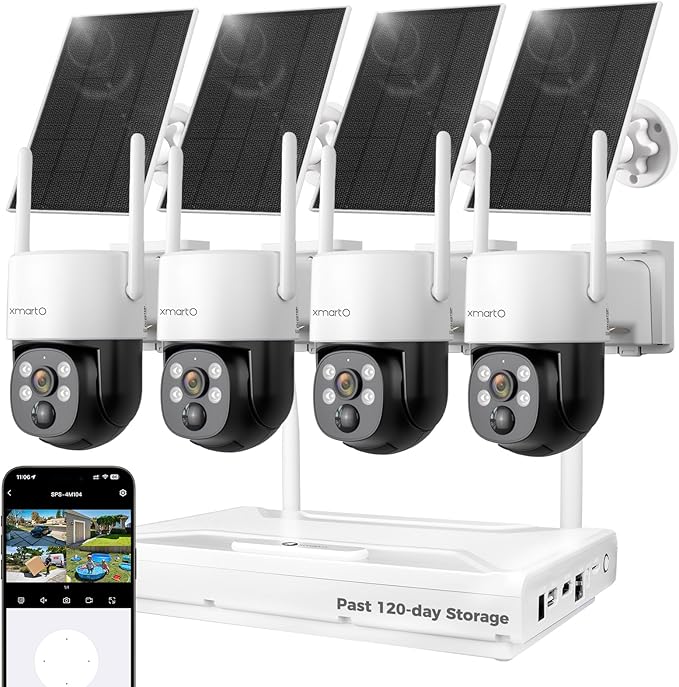 XMARTO Solar Camera Outdoor Wireless, 4 PCs QHD 4MP Wireless PTZ Security Camera System with 4K 10CH Expandable WiFi NVR, All-Weather Solar Charge, Two-Way Audio, PIR Sensor, 360° View, No Monthly Fee