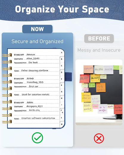 WEMATE Password Book with Alphabetical Tabs, Spiral Password Keeper Book for Seniors, Internet Password Notebook Password Journal Logbook Log in Detail, Small – 4.7''x 6'' (Navy Blue)