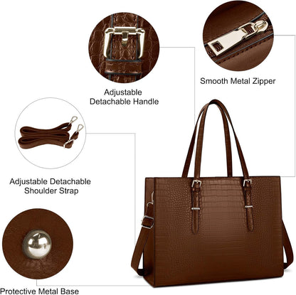 Laptop Bag for Women 15.6 Inch Laptop Tote Bag Leather Classy Computer Briefcase for Work Waterproof Handbag Professional Shoulder Bag Women Business Office Bag Large Capacity Coffee