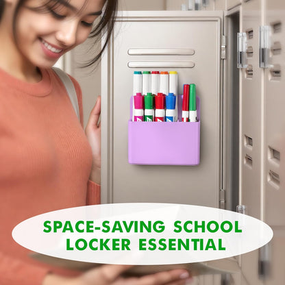 2 Pcs Magnetic Dry Erase Marker Holder for Whiteboard, Plastic Magnetic Pen Holder for Refrigerator Fridge, Magnet Pencil Cup for School Classroom, Locker Accessories,Pen Cup Organizer-Purple