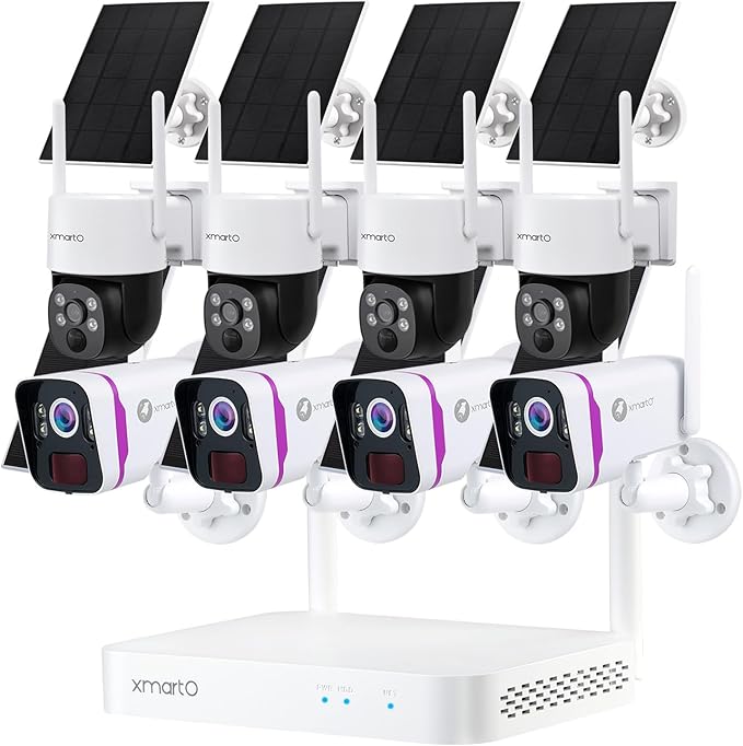 XMARTO 2K HD Wire-Free Solar Home Security Camera System Wireless, 8-Camera Set with 4 Bullet Cameras & 4 Starlight Night Color PTZ Solar Cameras