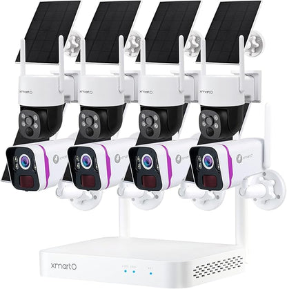 XMARTO 2K HD Wire-Free Solar Home Security Camera System Wireless, 8-Camera Set with 4 Bullet Cameras & 4 Starlight Night Color PTZ Solar Cameras