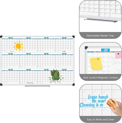 XBoard Magnetic Calendar Whiteboard 48" x 36", 12 Months Calendar Dry Erase Board, Silver Aluminium Framed White Board Planner for Home School Office Organization