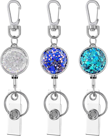 bolimoss 3 Pack Retractable Badge Reels with Key Ring and Carabiner Belt Clip, Glittery Metal Retractable Keychain for ID Cards Name Holder Nurse, Teacher, Students (Bling Blue, Silver, Purple)