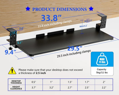 Large Keyboard Tray Under Desk, Adjustable Keyboard Tray with C-Clamp Hardware 29.5″ W x 9.5″ D Slide Out Computer Keyboard & Mouse Tray for Typing Home Office Black