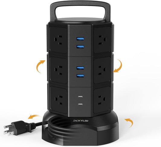 Power Strip Tower Surge Protector, JACKYLED 1625W 13A Outlet Surge Electric Tower, 12 Outlets 6 USB Ports Charging Station with 16AWG 6.5ft Heavy Duty Extension Cord for Home Office Dorm Black