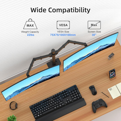 Suptek Dual Monitor Arm Desk Mount,Ultrawide Dual Monitor Arm for 2 Monitor Screens up to 38 inches and Max 22lbs Each,Extra Tall 15.75" Pole Fully Adjustable Monitor Stand for Desk,Black(MD9442MB)