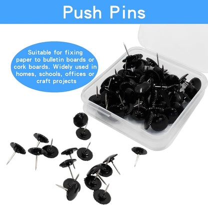 Piutouyar 50 Pcs Black Push Pins, Plastic Thumb Tacks for Wall Hanging, Flat Head and Steel Point Push Pins Wall Tacks Thumbtacks for Furniture Cork Board DIY Projects or Home Decor