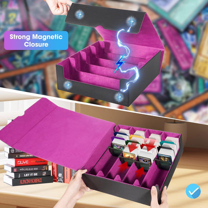 3000+Trading Card Storage Box, PU Leather Organizer Case With 24 Dividers, Magnetic Closure, 4 Supporters, For Game Sports Card,Purple