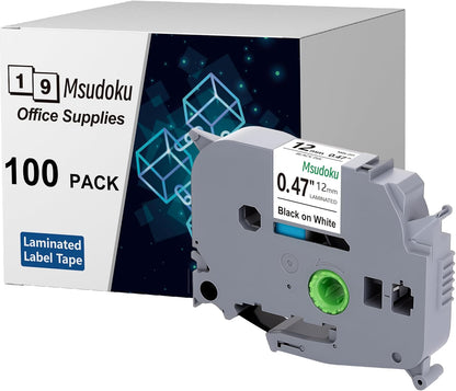 Tze TZ Tape 12mm 0.47 Laminated White Compatible for Brother Label Maker Tape 12mm 1/2" Black on White Tape for Ptouch PT PTD200 PTD410 D210 D220 D610 P710BT PTH110, 100-Pack