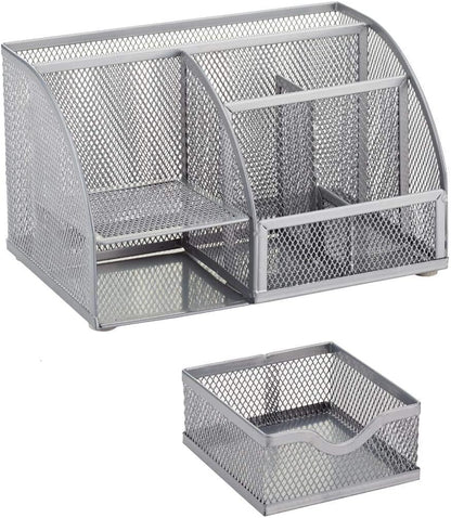 Annova Mesh Desk Organizer Office with 7 Compartments + Drawer/Desk Tidy Candy/Pen Holder/Multifunctional Organizer (Silver)