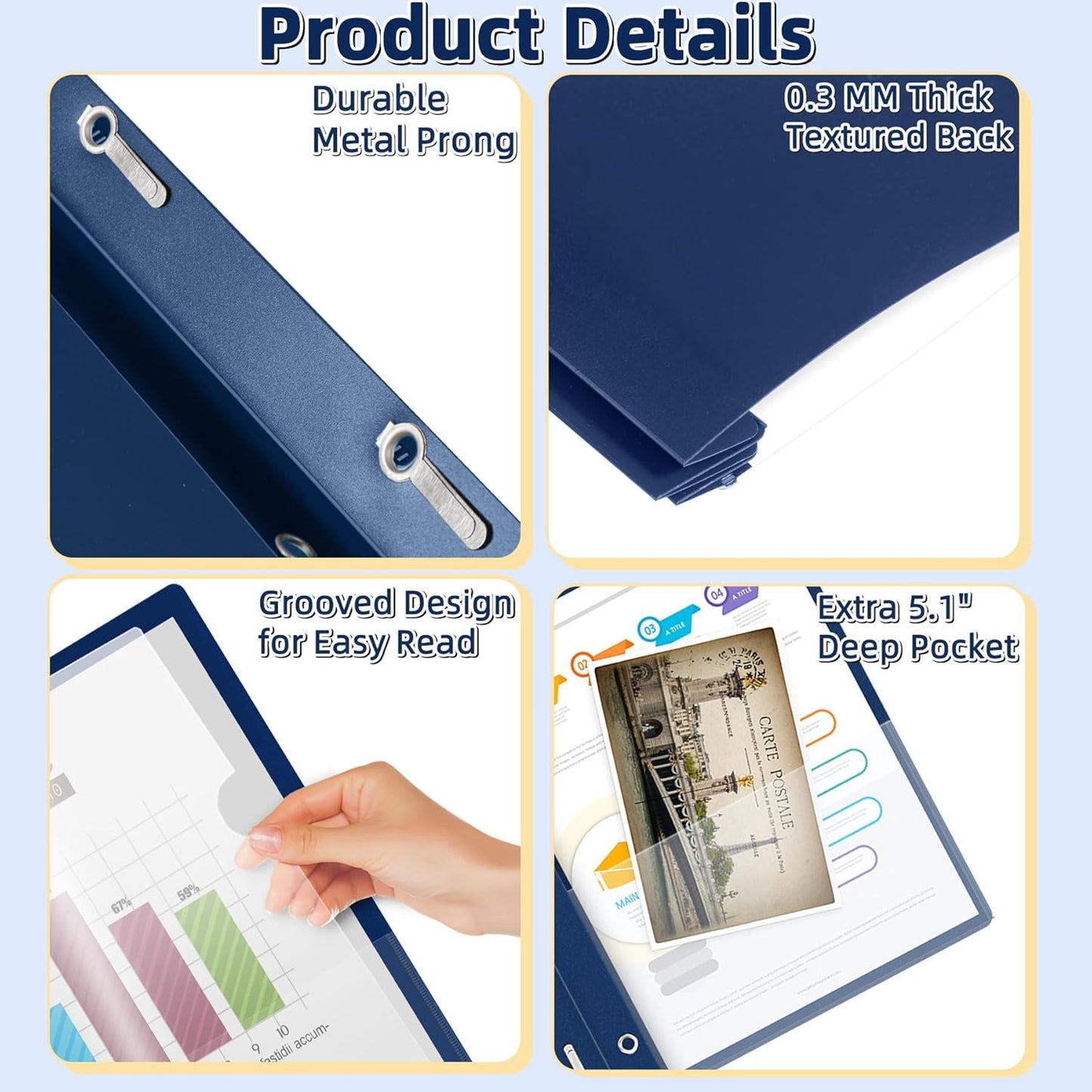 HAUTOCO 12 Pack Plastic Report Covers with 3-Prong Fasteners Clear Front Resume Portfolio Folder for 8.5x11 Letter Size Paper, Presentation Document Report Folders for Office School Use, Navy Blue