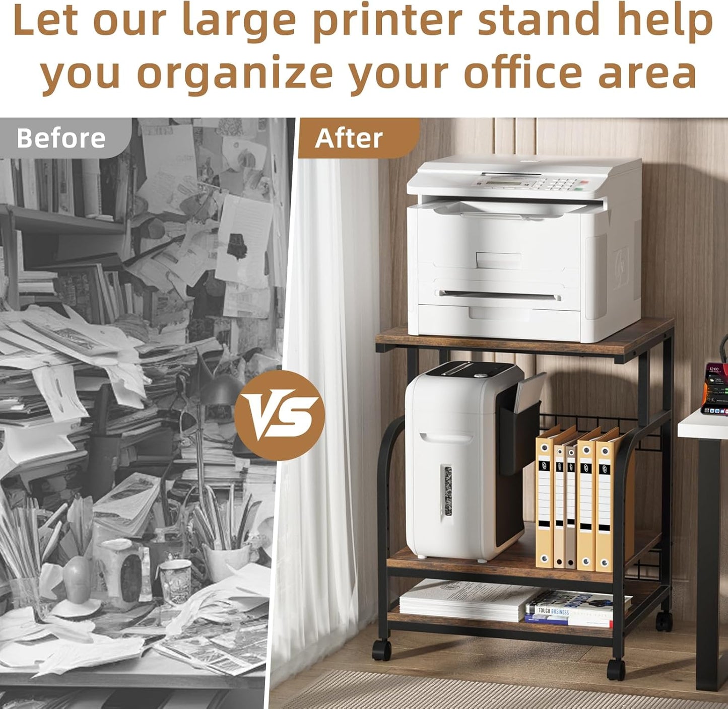 Lerliuo Large Printer Stand with Storage, 23.6"W x 18.9"D x 30.2"H, 5-Adjustable Shelf Heights Mobile 3 Tier Table with Lockable Wheels, Industrial Rolling Printer Cart, Brown Stands for Home Office