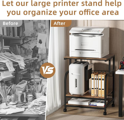 Lerliuo Large Printer Stand with Storage, 23.6"W x 18.9"D x 30.2"H, 5-Adjustable Shelf Heights Mobile 3 Tier Table with Lockable Wheels, Industrial Rolling Printer Cart, Brown Stands for Home Office