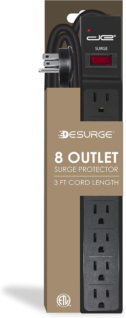 Digital Energy 8 Outlet Surge Protector Power Strip - 15 AMP, 1875 W, 125 V, 350 J Surge Protection, ETL Listed - Flat Plug, Black, 3 FT