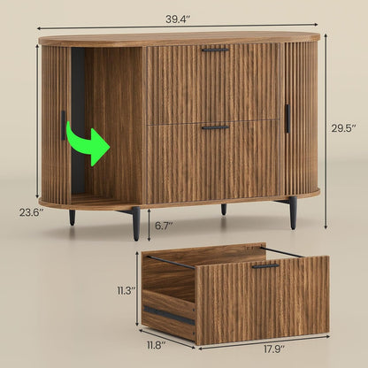 SEDETA 2 Drawer File Cabinet, 39.4" Filing Cabinet for Home Office, fit Legal/Letter/A4 Size, Light Luxury Fluted Filing Cabinets with 2 Sliding Door Storage, Printer Stand, Brown