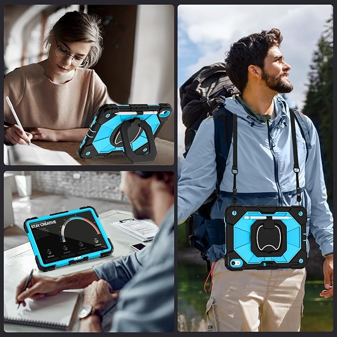 Case for iPad (A16)11th /10th Generation 11/10.9 Inch 2025/2022 with Screen Protector Rotating Stand Shoulder Strap Pencil Holder,Military Grade Shockproof iPad Case 10th Generation,Black Blue