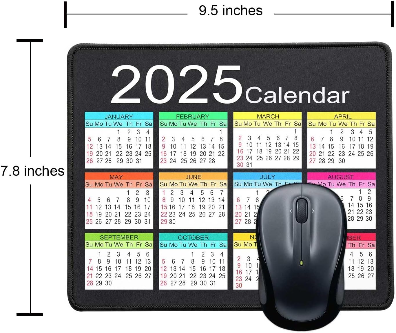 Mouse Pad with Non-Slip Rubber Base, Waterproof Computer Mousepad with Stitched Edges, Mouse Pads for Computers, Laptop, Gaming, Office & Home, 9.5 x 7.8 in (2025 Calendar White)
