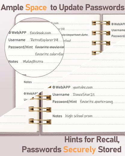 WEMATE Password Book with Alphabetical Tabs, Spiral Password Keeper Book for Seniors, Internet Password Notebook Password Journal Logbook Log in Detail, Small – 4.7''x 6'' (Dusty Rose)
