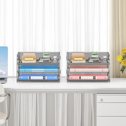 Subekyu 2-Pack 3-Tier Silver Metal Mesh Desk Paper Letter Tray & File Sorter Organizer with Handle + 1 Sliding Tray for Desk, Home, Office, School Supplies, A4 Paper and Accessories Storage