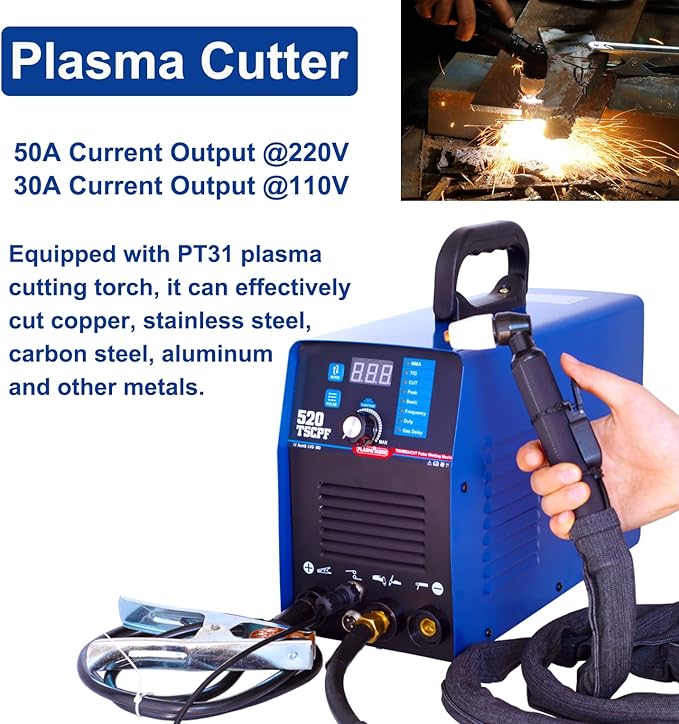 Plasma Cutter TIG Welder With PULSE Stick Welder Machine 520TSCPF Plasma Cutter Welder Combo 200A TIG/ARC Welding 50A Air Plasma Cutting Dual Voltage 110/220V 1/2" Clean Cut Upgrade Digital Panel