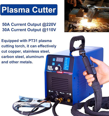Plasma Cutter TIG Welder With PULSE Stick Welder Machine 520TSCPF Plasma Cutter Welder Combo 200A TIG/ARC Welding 50A Air Plasma Cutting Dual Voltage 110/220V 1/2" Clean Cut Upgrade Digital Panel