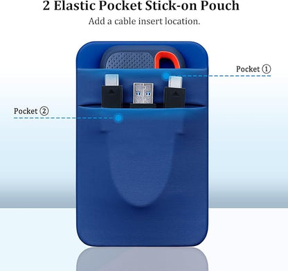 Lacdo Portable Hard Drive Sleeve for Laptop, 2-Pocket Stick on Pouch with Reusable Adhesive, for SanDisk, Samsung, Crucial, Portable External Solid State Drive SSD Hard Drive Carrying Case, Blue