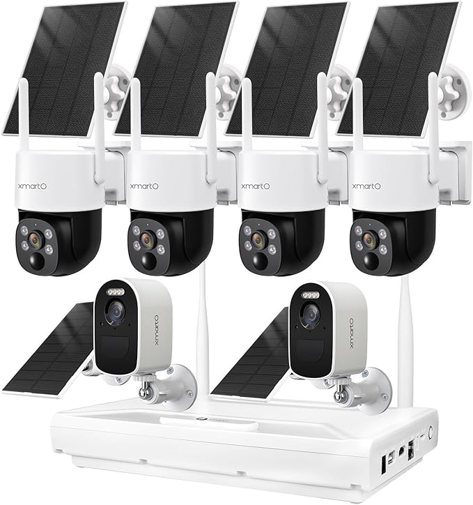 XMARTO 100% Wire-Free Solar PTZ Home Security Camera System Wireless, 4-Set 2K 4MP QHD CCTV Camera Kit + 2PCS Wire-Free Solar Security Camera