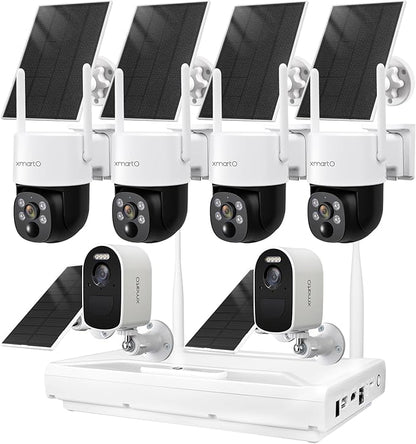 XMARTO 100% Wire-Free Solar PTZ Home Security Camera System Wireless, 4-Set 2K 4MP QHD CCTV Camera Kit + 2PCS Wire-Free Solar Security Camera
