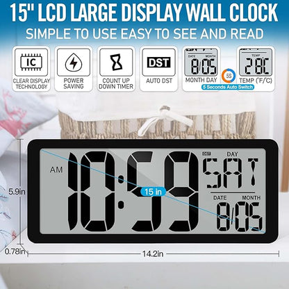 TXL 14.2"" Large Digital Wall Clock Battery Operated, Digital Clock Large display with Day, Date & Temperature, Large wall clock for Bedroom, Livingroom, Office，Battery Included, Black