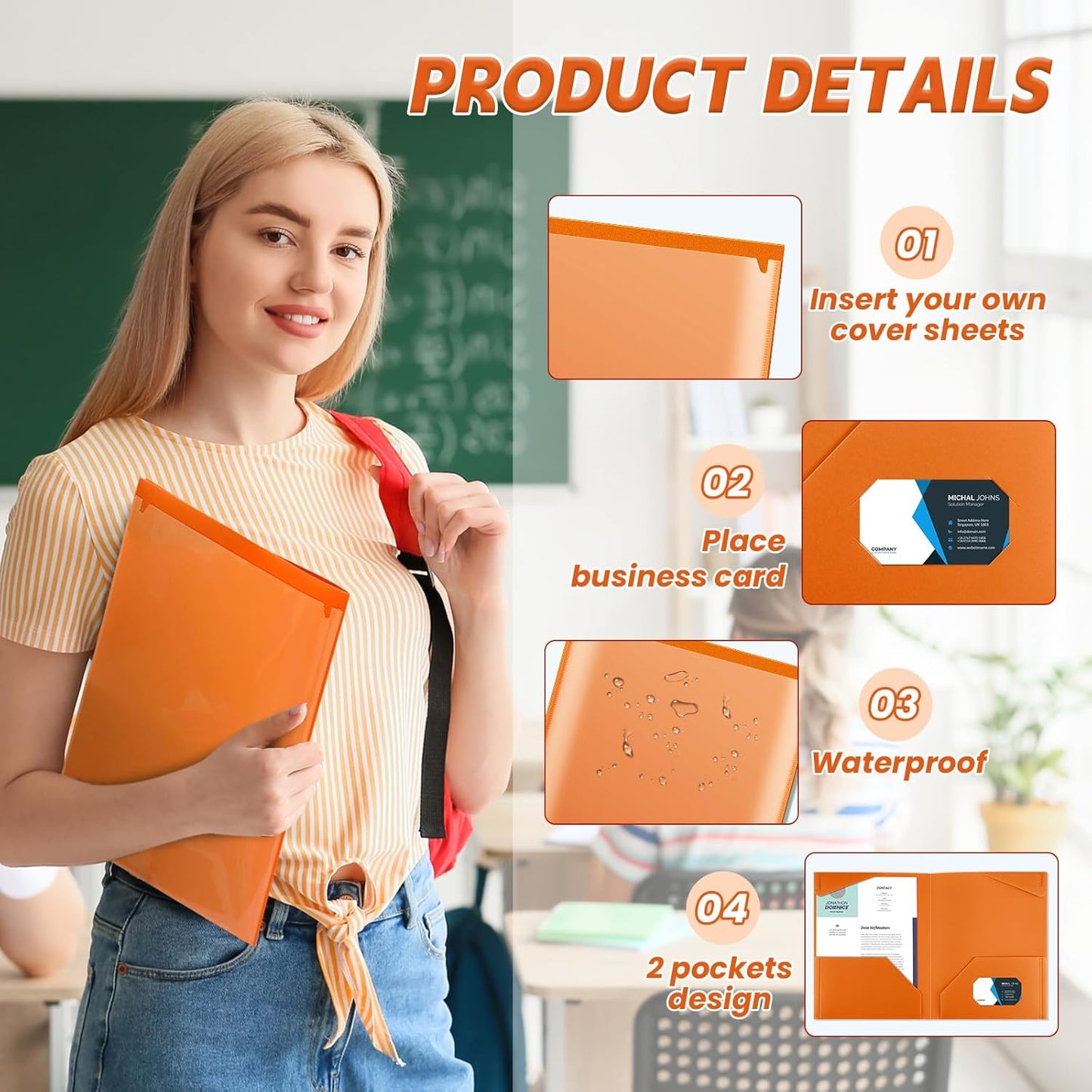 Henoyso 60 Pcs Plastic Folders with Clear Front Pockets Heavy Duty File Folders with 2 Pockets and Card Slot for Student Communication School Office Presentation Report (Orange)