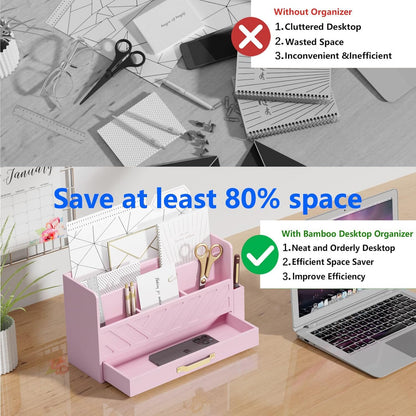 Bamboo Desk Organizer Mail Holder Countertop Wood Desk Drawer Tabletop Storage Box Pen Holder Letter Sorter Makeup Organizer for School Home Office Supplies with Pen Holder Pink
