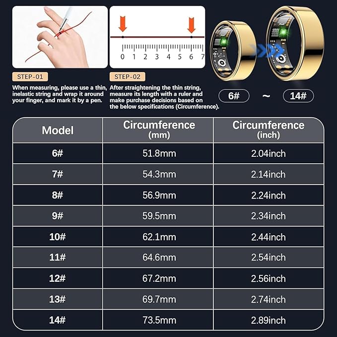 Smart Health Ring for Women Men, Fitness Tracker Ring with Heart Rate, Blood Oxygen, Sleep Tracker, Step Tracker, No Subscription Fee, IP68 Waterproof Smart Ring for iPhone & Android (Gold, 8#)