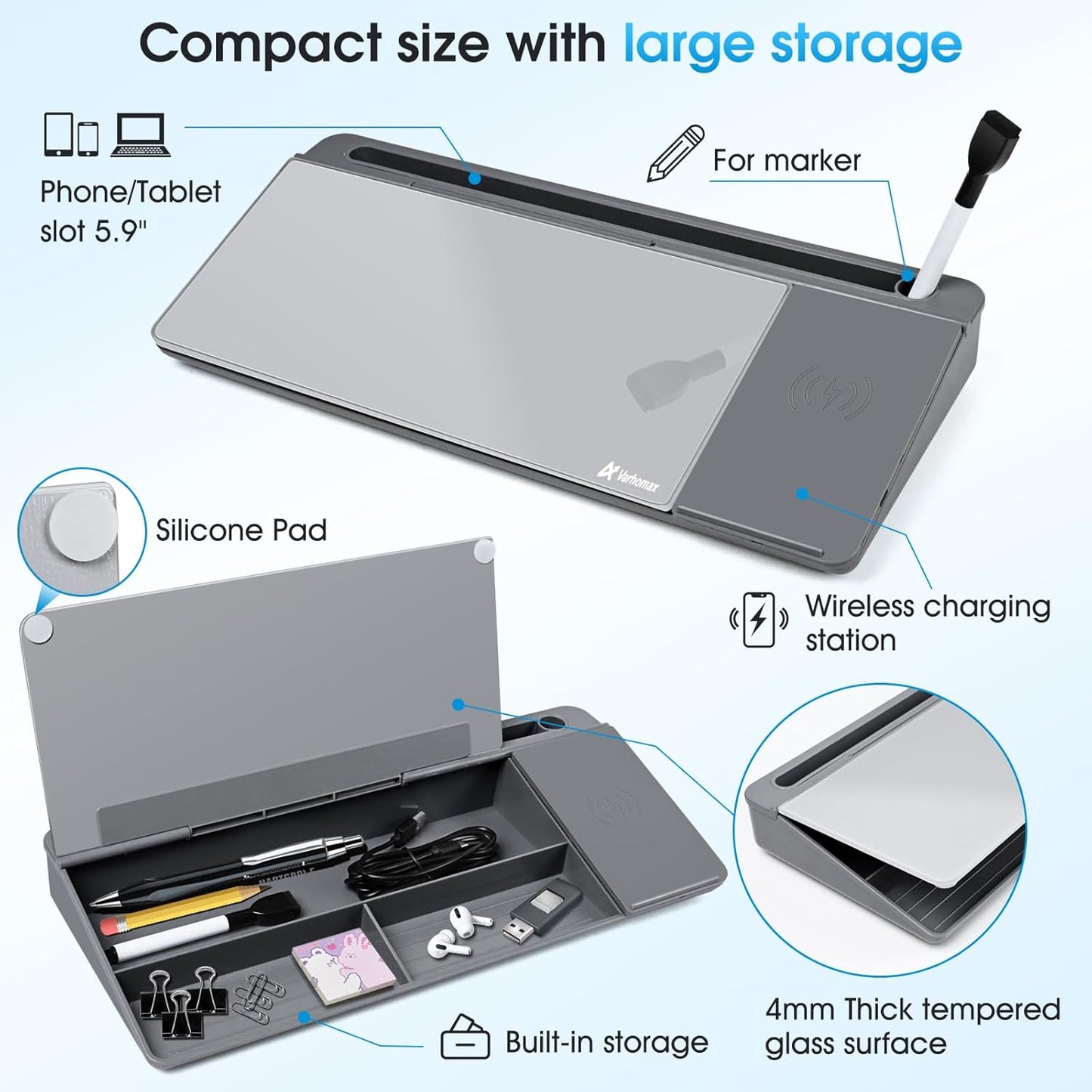 Varhomax Glass Desk Whiteboard with Wireless Charger, Desktop Dry Erase White Board with Storage, to Do List Memo Notepad for Home and Office (Gray)