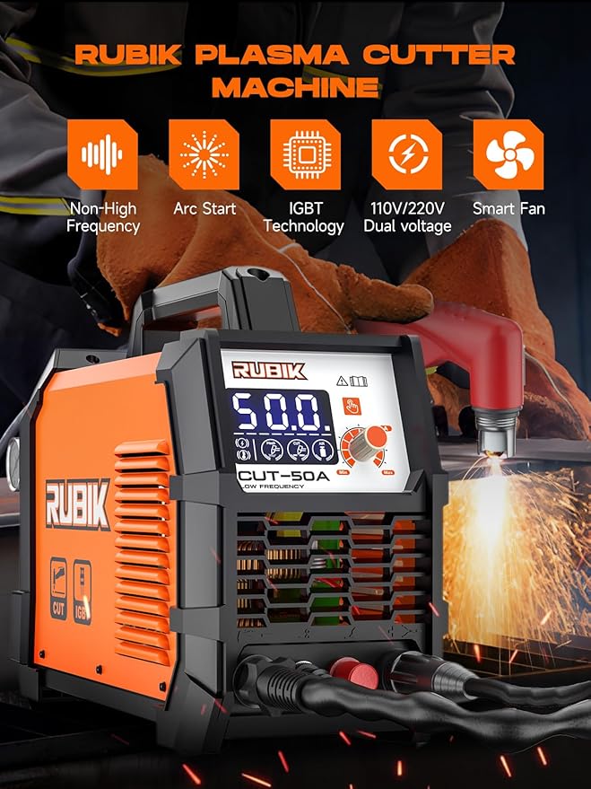 Plasma Cutte 50 Amp, Plasma Cutter Machine 110/220V Dual Voltage 3/4" Max Cutting, 1/2'' Clean Cut, Non-High Frequency Non-Touch Pilot Arc, Large LCD Digital Dispaly, 2T/4T Plasma Cutting Machine
