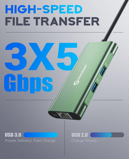 UtechSmart USB C Hub, Ethernet Multiport Adapter 6 in 1 USB C to HDMI Dock Compatible for MacBook Pro/Air, Chromebook, Dell XPS, HP and Type C Devices (Gigabit Ethernet 100W PD 4K HDMI USB 3.0) Green