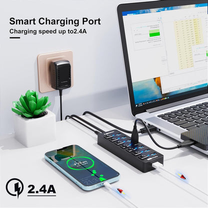 Powered USB Hub 3.0,VEMONT 7 Ports Multi USB hubs and 1 USB Smart Charging Port with 5V/3A Power Supply,USB Extension Splitter with Individual On/Off Switches and 4ft/1.2m Long Cable for PC/Laptop
