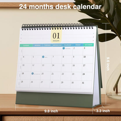 Desk Calendar 2026-2027, 2 Years Calendar Runs from Jan. 2026 until Dec 2027, Table Monthly Planner with Stickers for Home,Office,School Organization(L-Pink+Green,9.8" x 9.6")