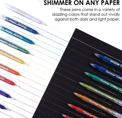Grabie Jumbo Glitter Gel Ink Pen Set Of 18, Metallic Vibrant Sparkle Gel Pens for Coloring, Sparkle Markers, Glitter Pens for Adults (18 Colors Jumbo Gel Pens)